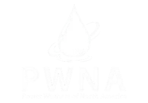Logo for Power Washers of North America featuring a blue water drop with an orbital ring above the text