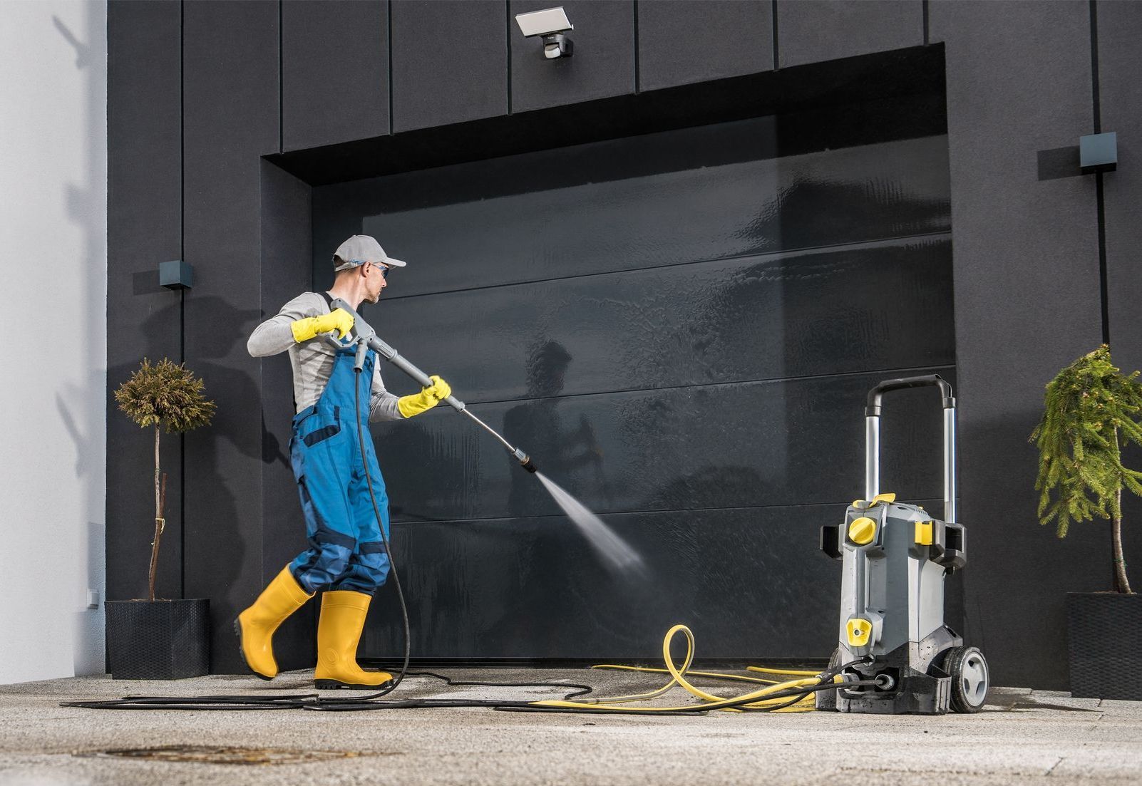 A man is using a high pressure washer to clean a driveway.a