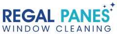 The logo for regal panes window cleaning is blue and white.
