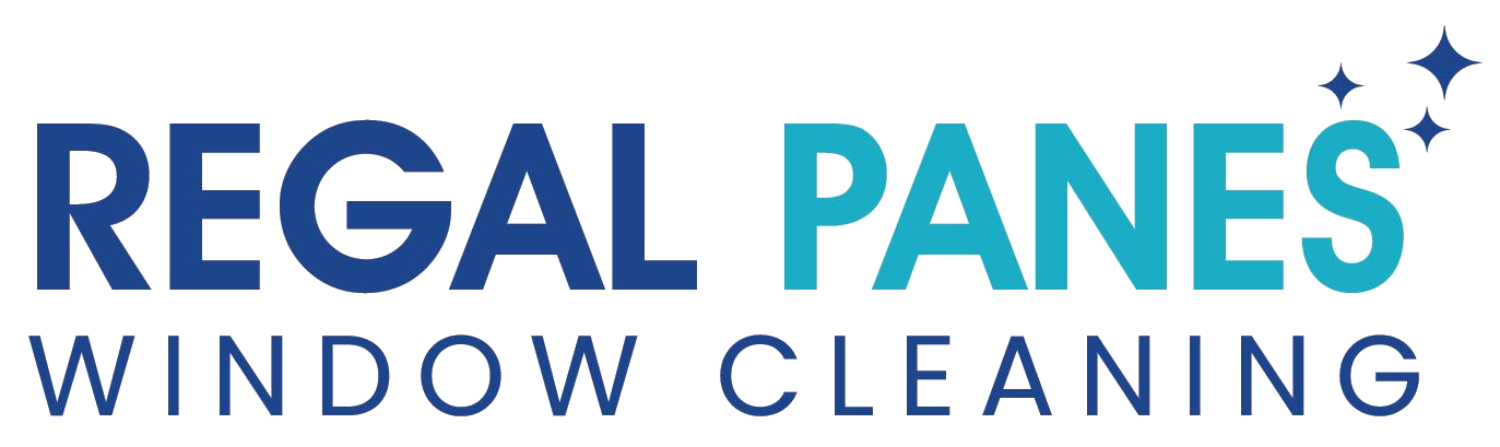 Logo for Regal Panes Window Cleaning with the words in dark blue and teal, accented by three small star icons.