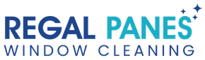 Logo for Regal Panes Window Cleaning with the words in dark blue and teal, accented by three small star icons.