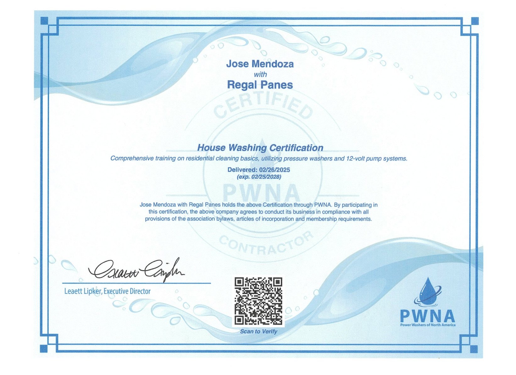 A PWNA Power Washing Certification awarded to Rogel Ferpo, featuring a white background, blue border, and a QR code.