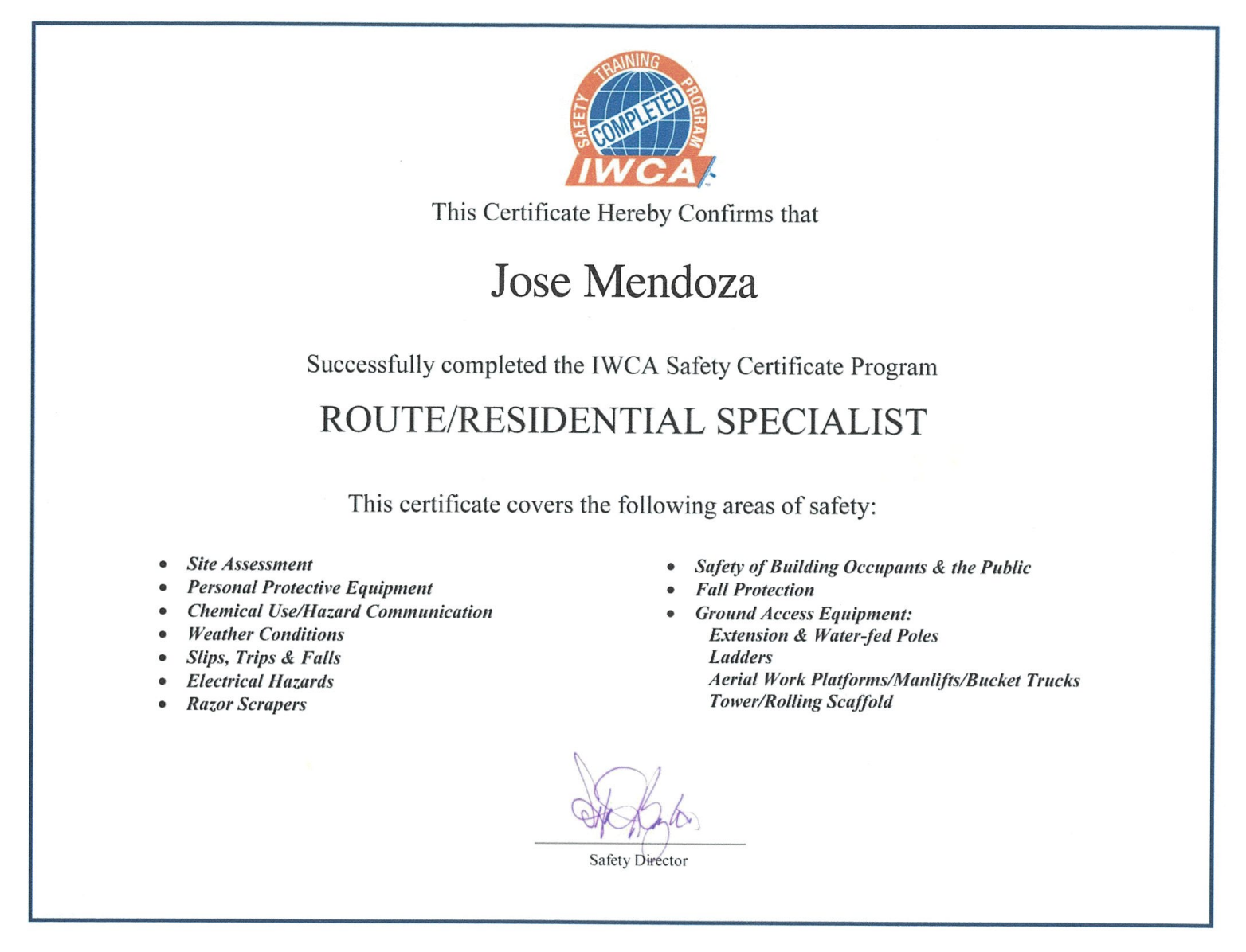 A certificate for Jose Mendoza recognizing them as an IWCA Route Residential Specialist.