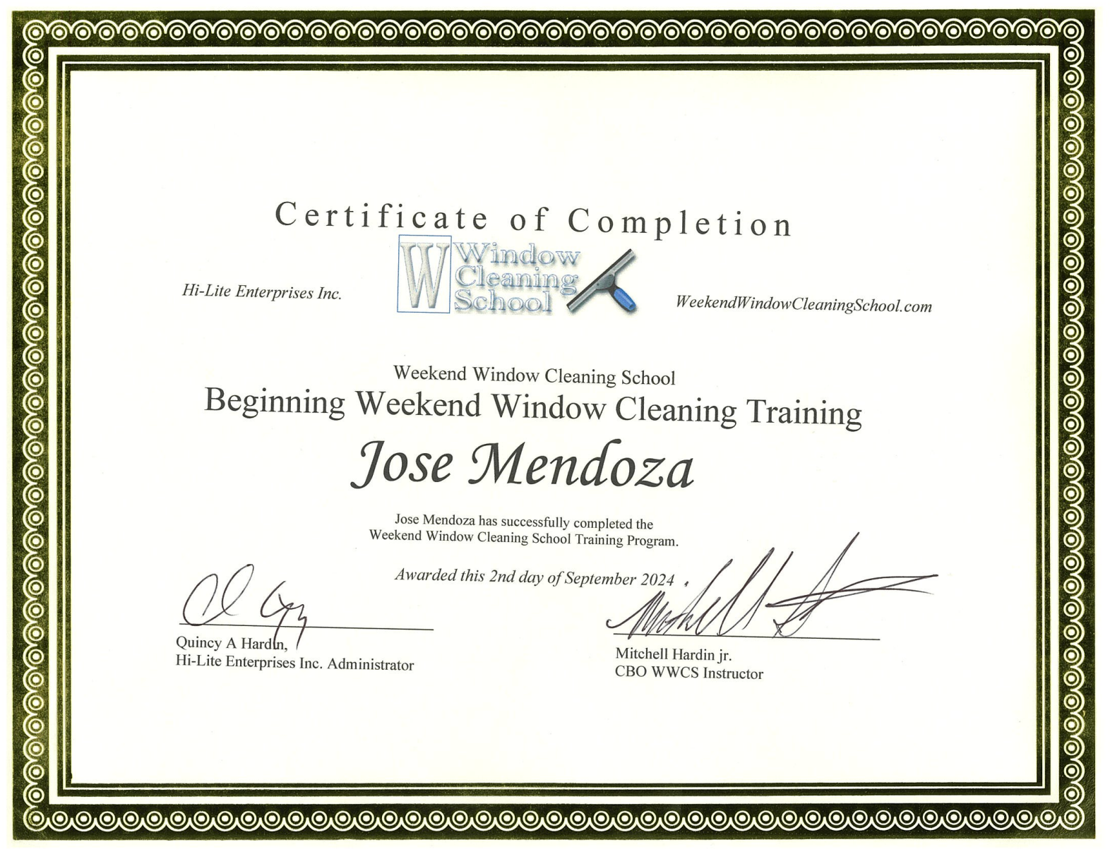 A certificate of completion for Beginning Weekend Window Cleaning Training issued to Jose Mendoza.
