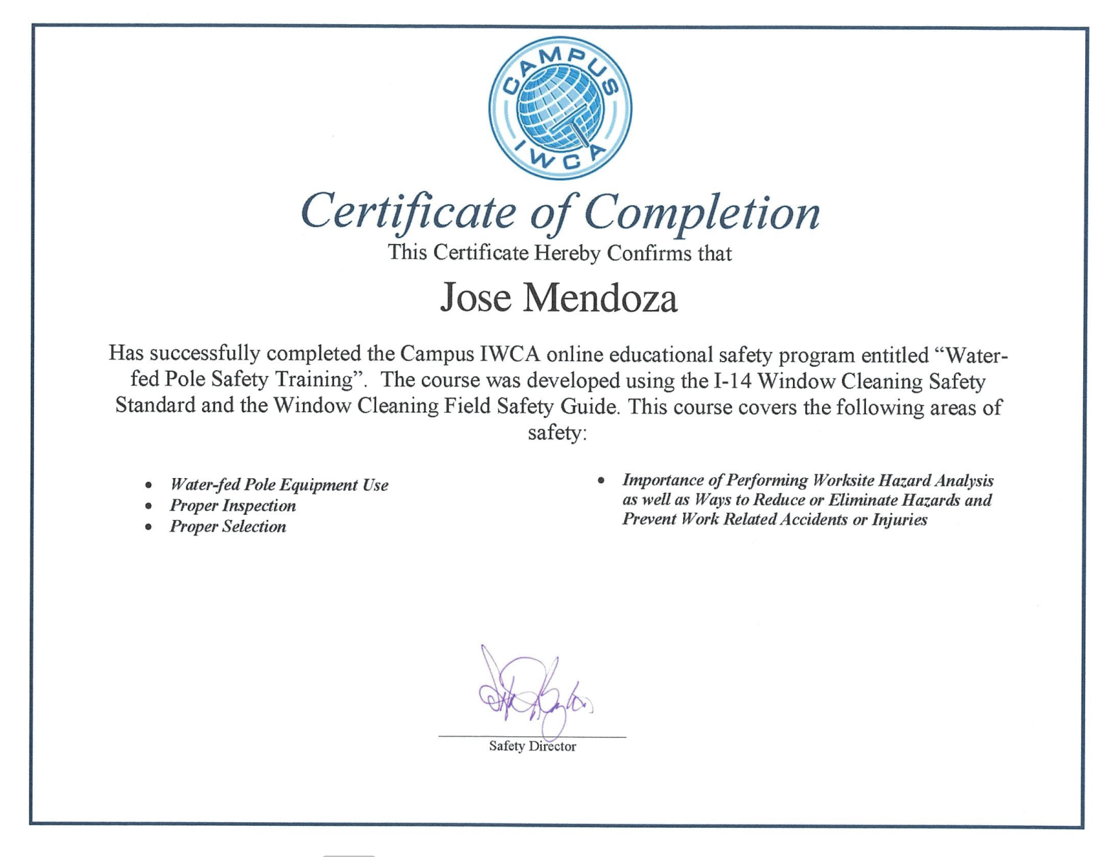 A Certificate of Completion for a Pole Safety Course awarded to Jose Mendoza from the Campus Pool Safety company.