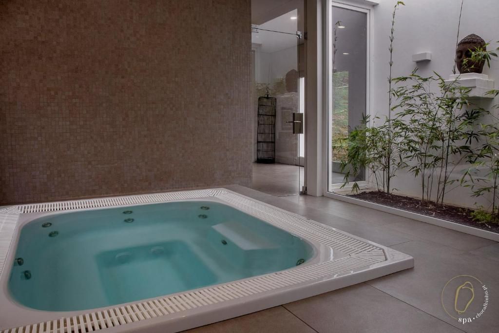 Jacuzzi interior com água azul-clara, revestida a azulejos e adjacente a um pequeno jardim.