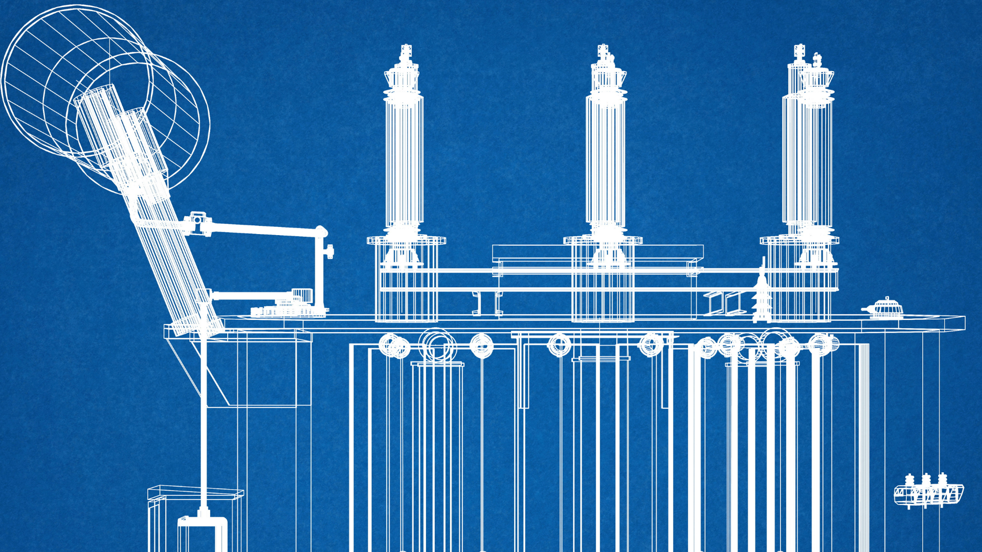 A blue and white drawing of a transformer on a blue background