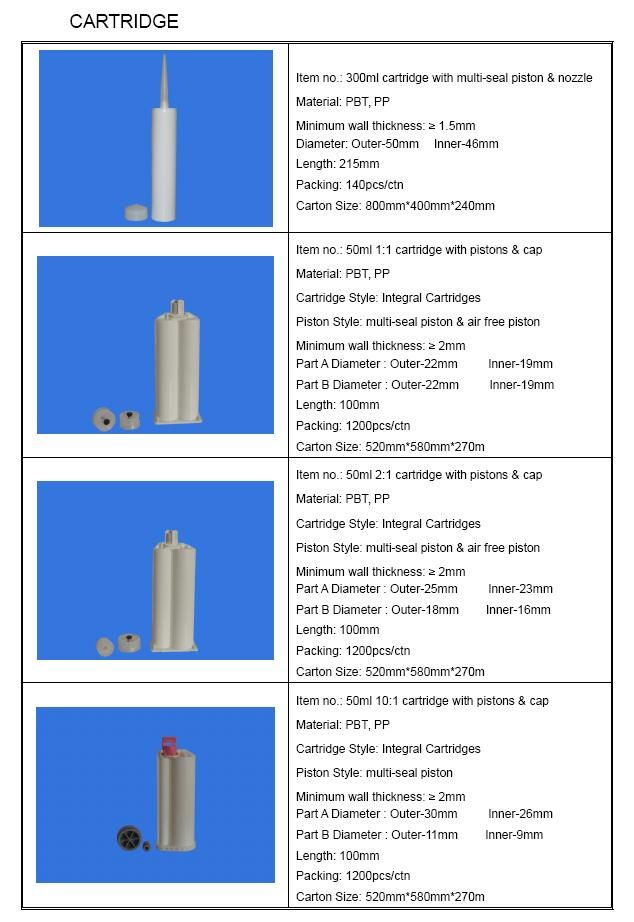 Single 300 ml and dual 50 ml cartridge dimensions