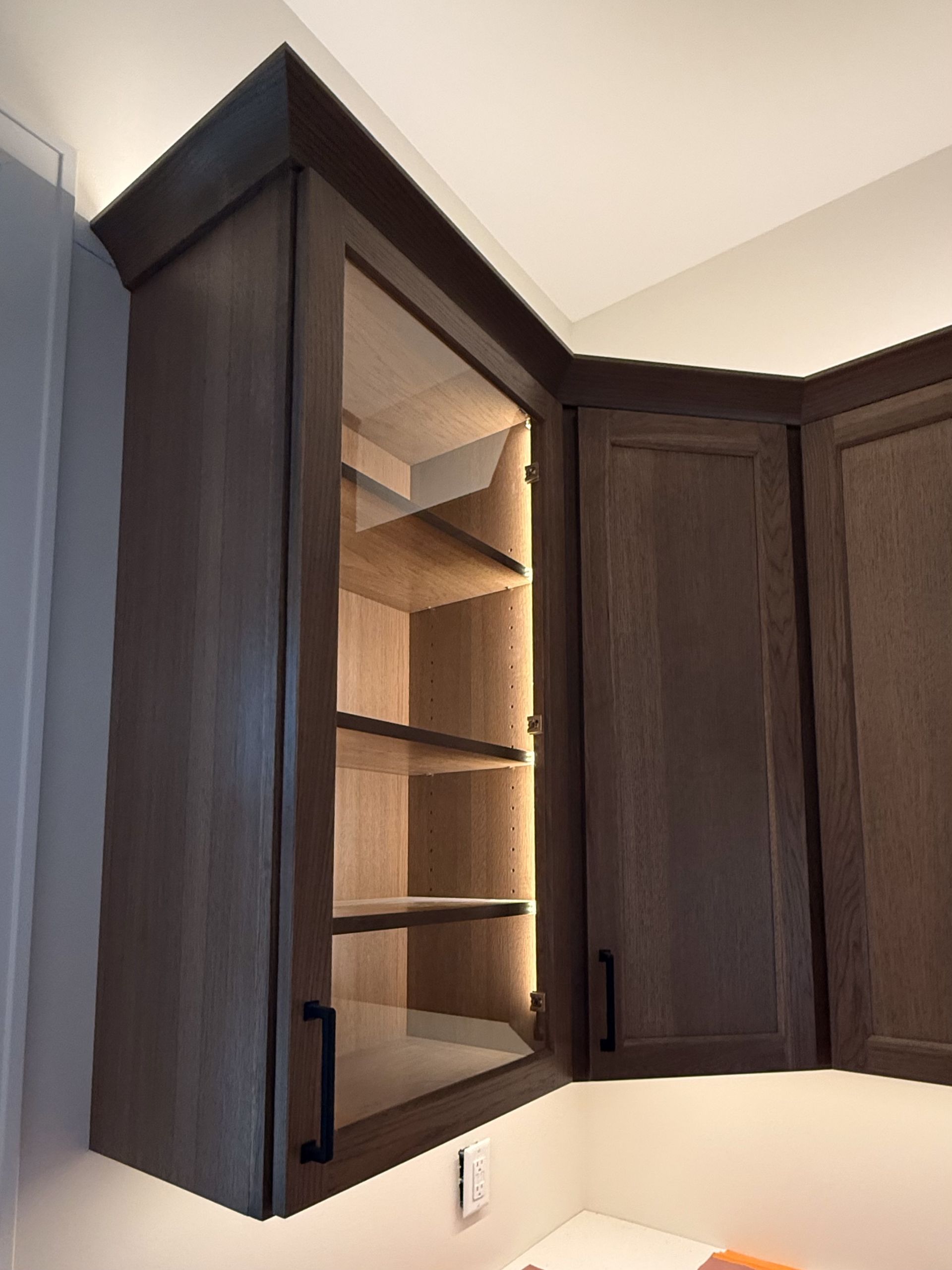 Wooden kitchen cabinets with interior lighting; a glass-fronted cabinet sits beside a closed, solid-door cabinet.