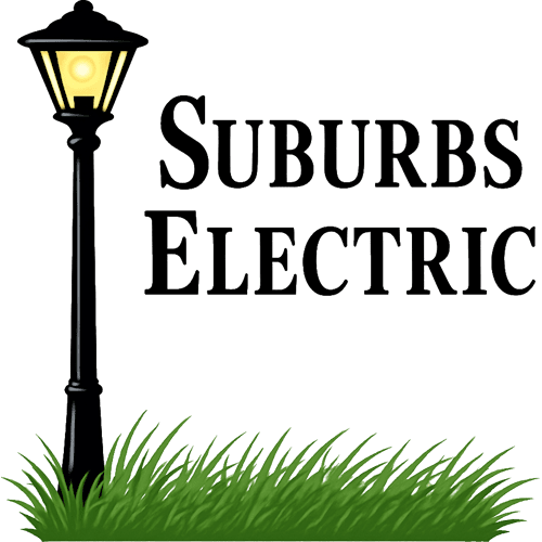 Black lamppost next to text "Suburbs Electric" and green grass.
