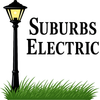 Black lamppost next to text "Suburbs Electric" and green grass.