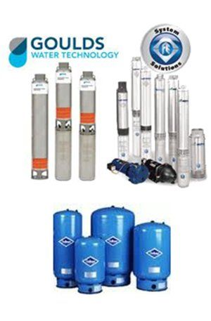 Goulds Water Technology pumps and tanks. Blue and silver equipment.