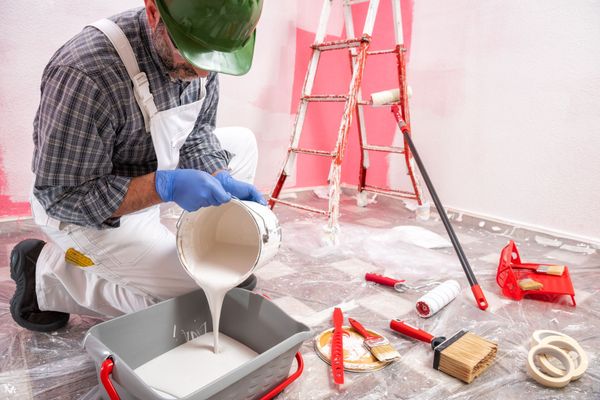 A man is pouring paint into a bucket in a room.