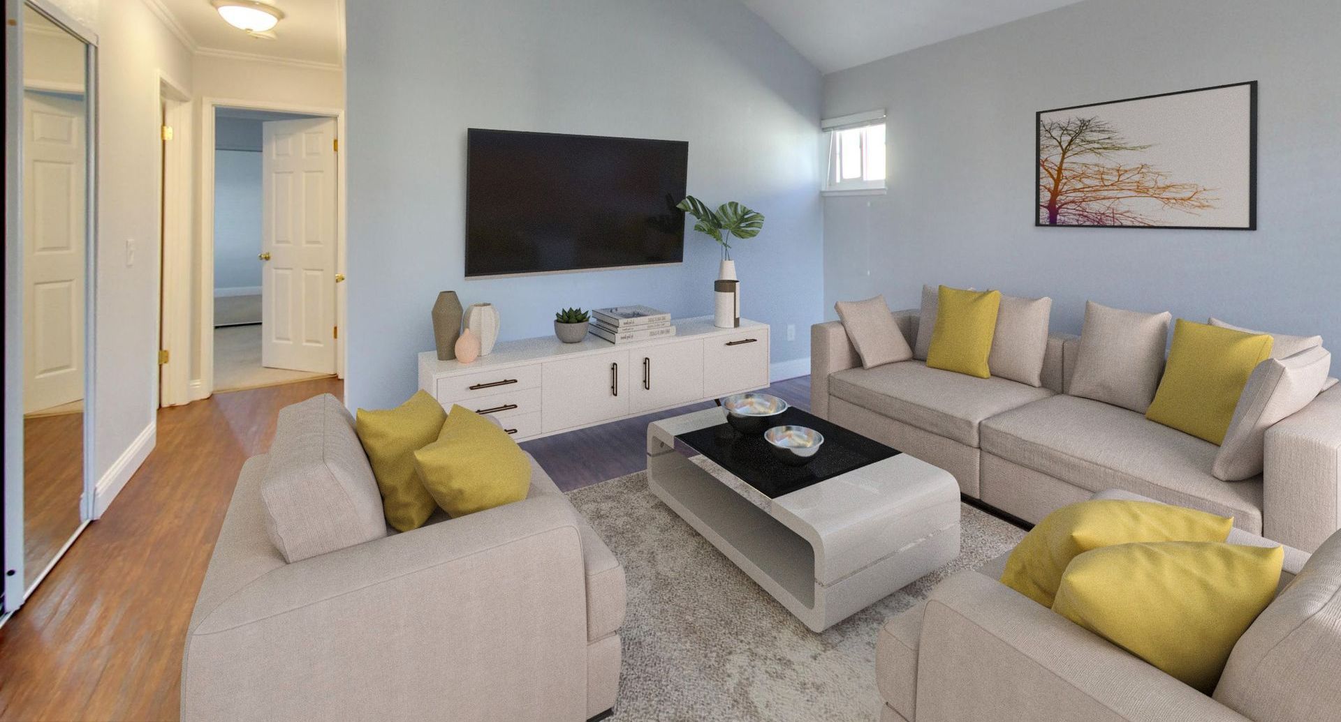 modern bedroom with a mirror closet
