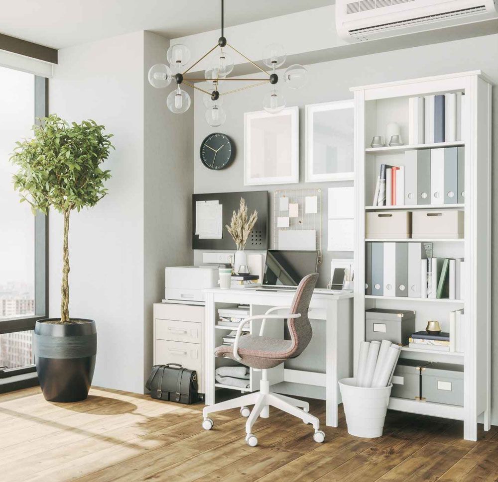 A room with a desk , chair , shelves and a plant.