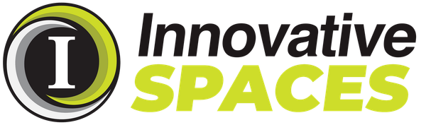 A logo for innovative spaces with a yellow circle in the middle.