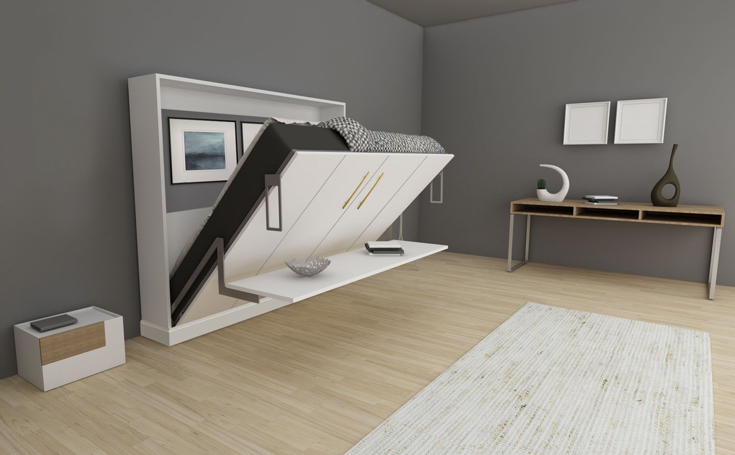 A bedroom with a wall mounted bed and a desk.