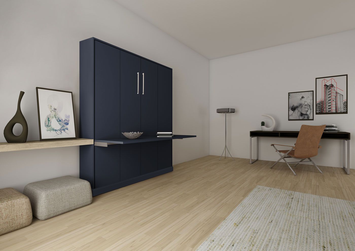 A living room with a desk , chair and a wall mounted bed.