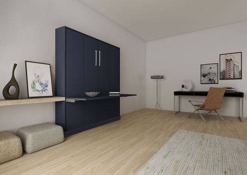 A living room with a desk , chair and a wall mounted bed.