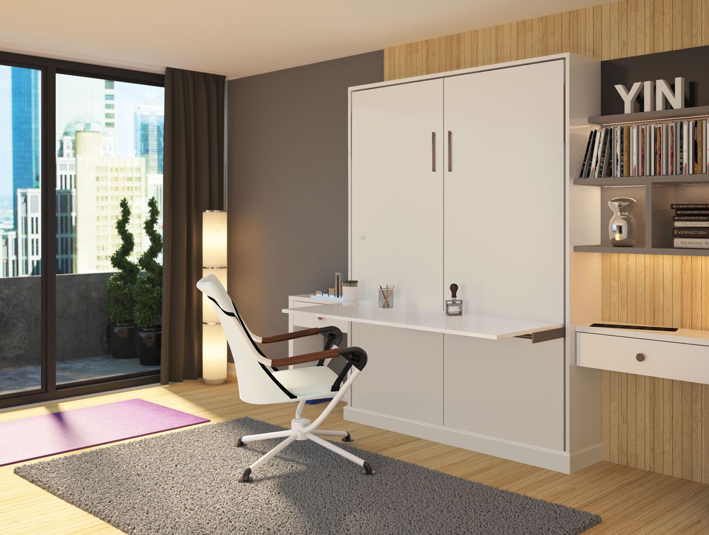 A bedroom with a wall mounted desk and chair