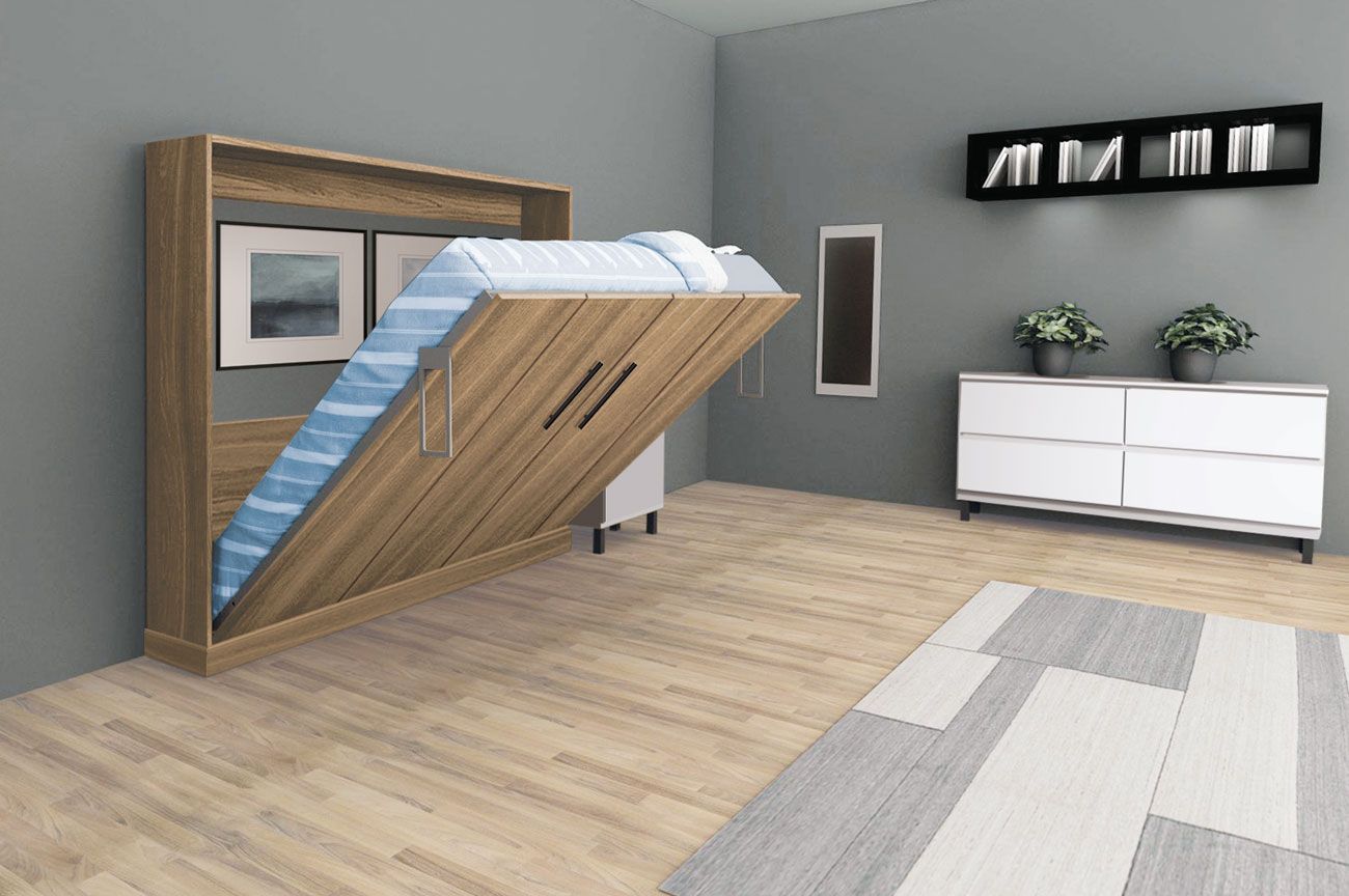 A bedroom with a wall mounted bed and a dresser.