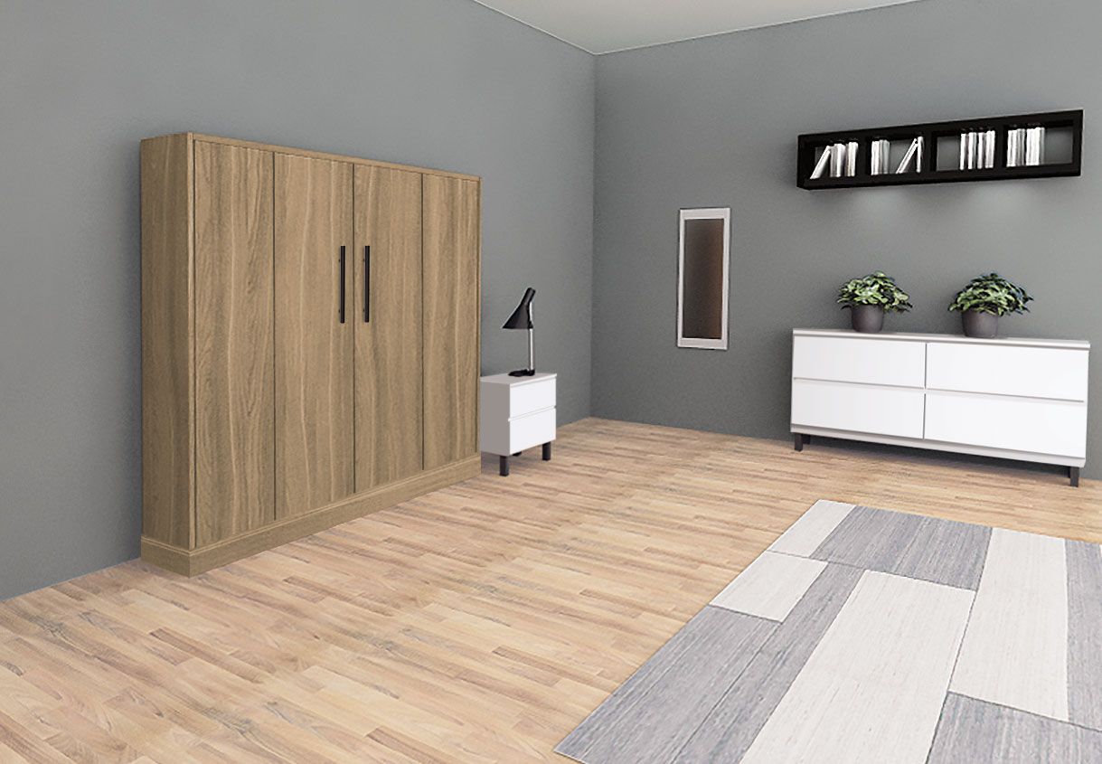 A living room with a wooden wardrobe , dresser , nightstand and rug.