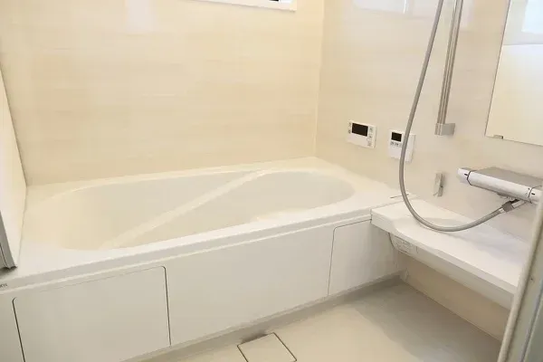 A bathroom with a bathtub and a shower.