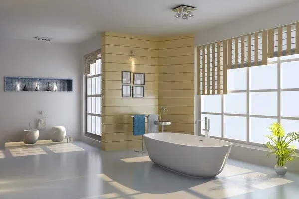 A bathroom with a tub and a lot of windows