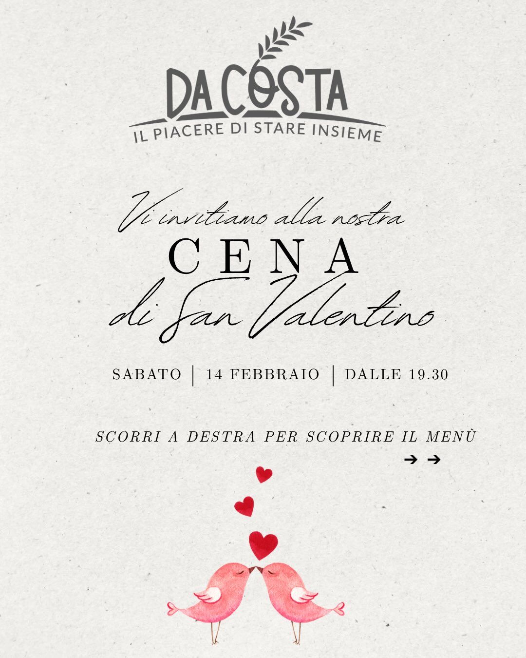 Invito alla cena di San Valentino del ristorante Da Costa, con testo e grafica a tema cuore.