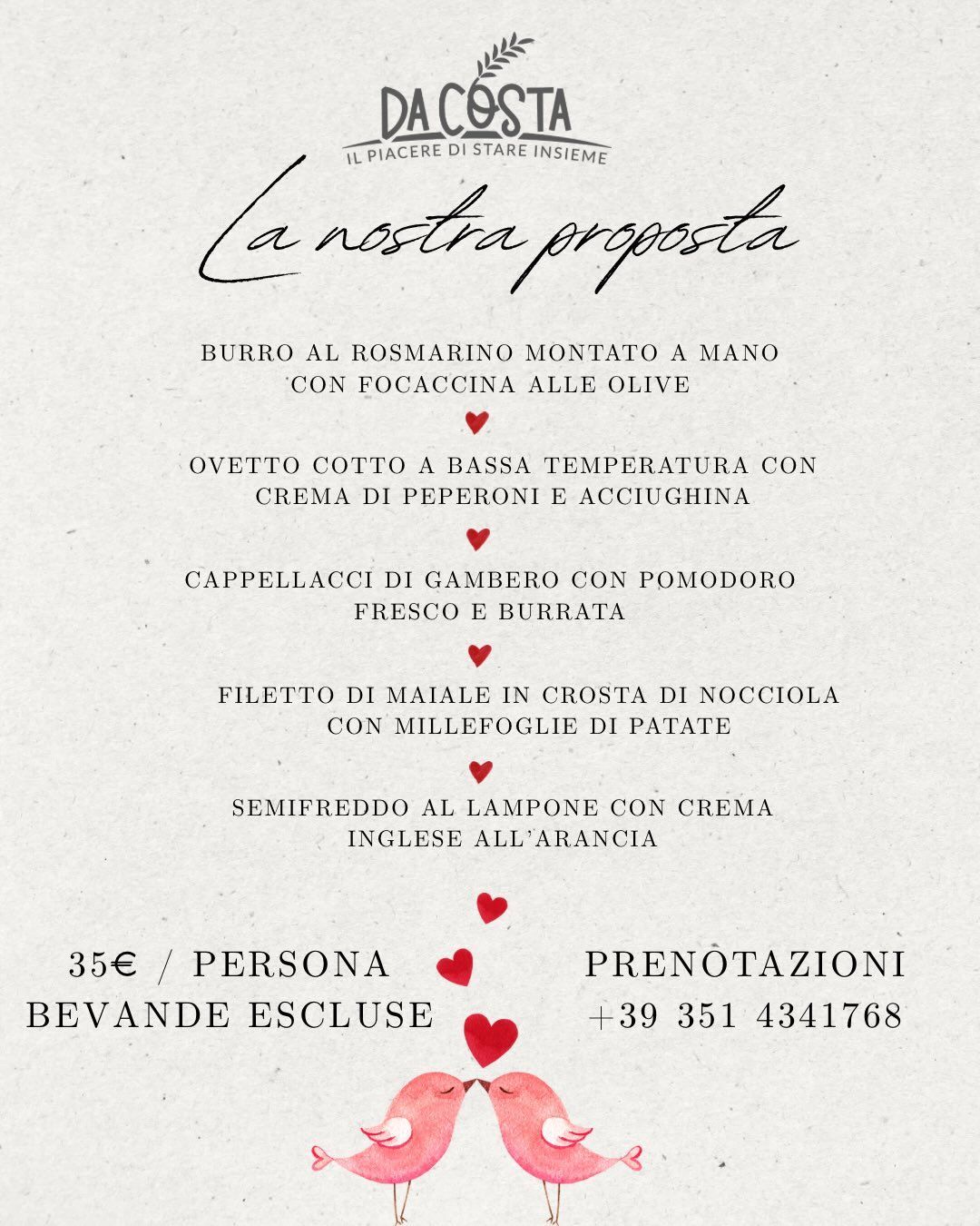Menù del ristorante Da Costa, testo in italiano. Presenta piatti, prezzi e informazioni sulle prenotazioni, con grafica a forma di cuore.
