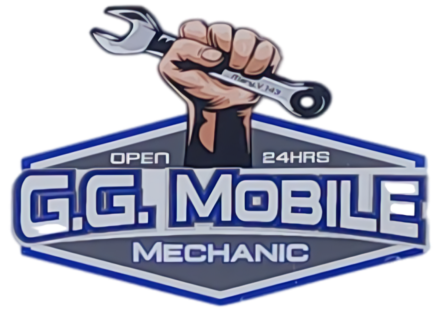 Logo for G.G. Mobile Mechanic, with a hand holding a wrench above the company name in a blue and gray design.