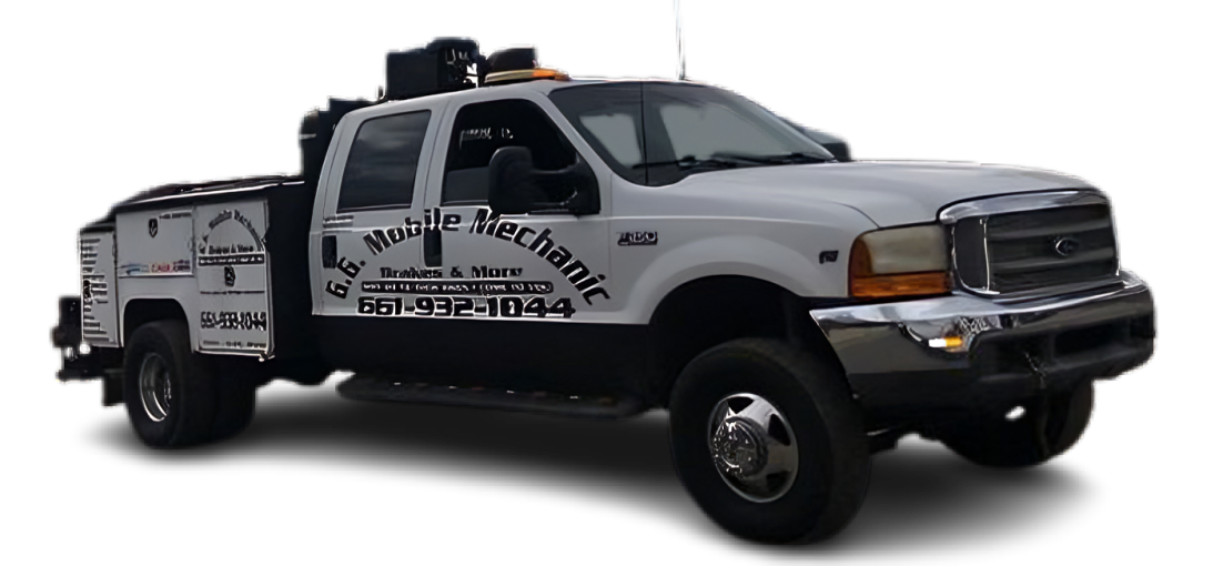 White mobile mechanic truck with black trim and tools.