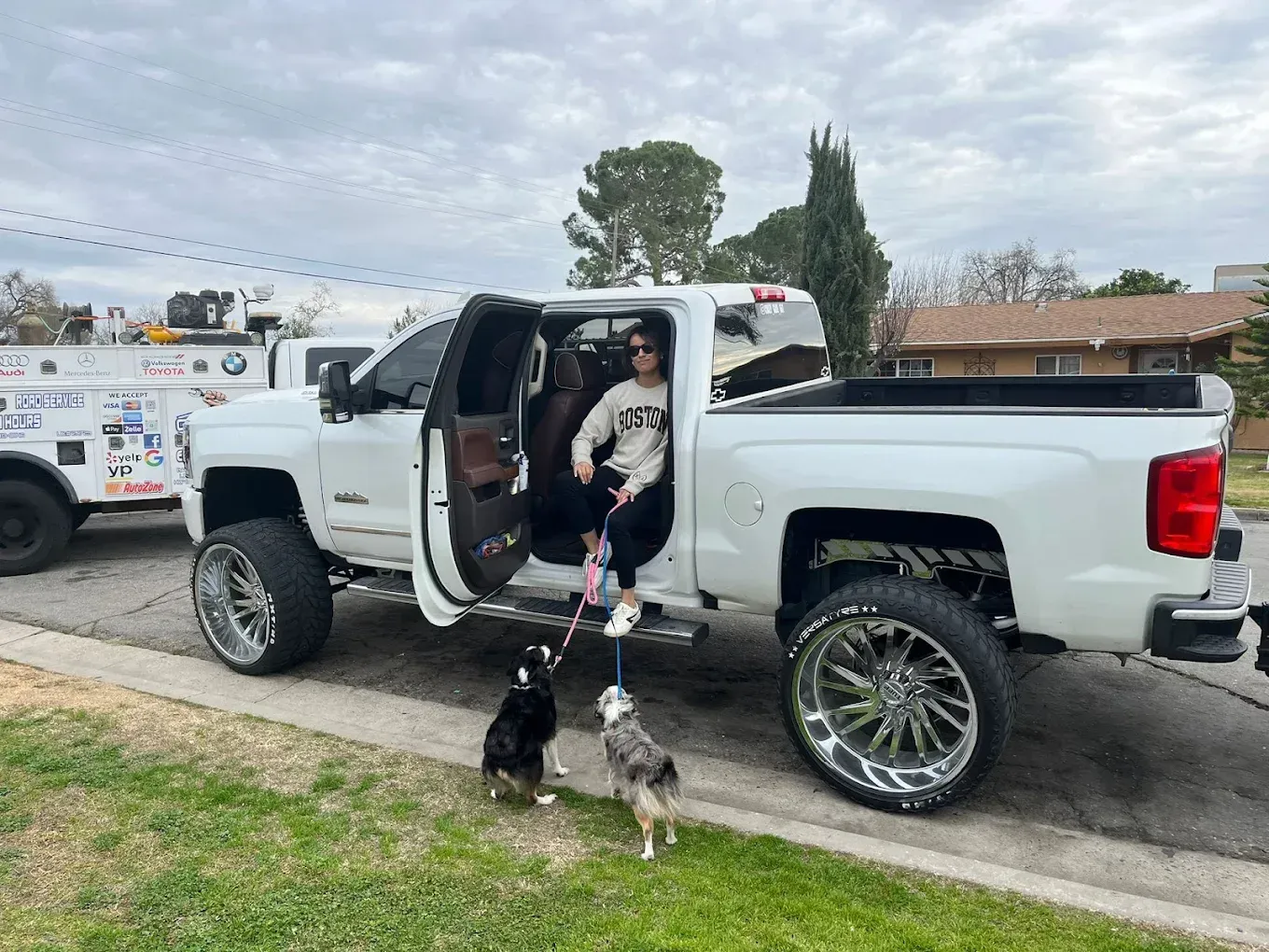Woman in sweatshirt with two dogs exiting a lifted white truck on a residential street.