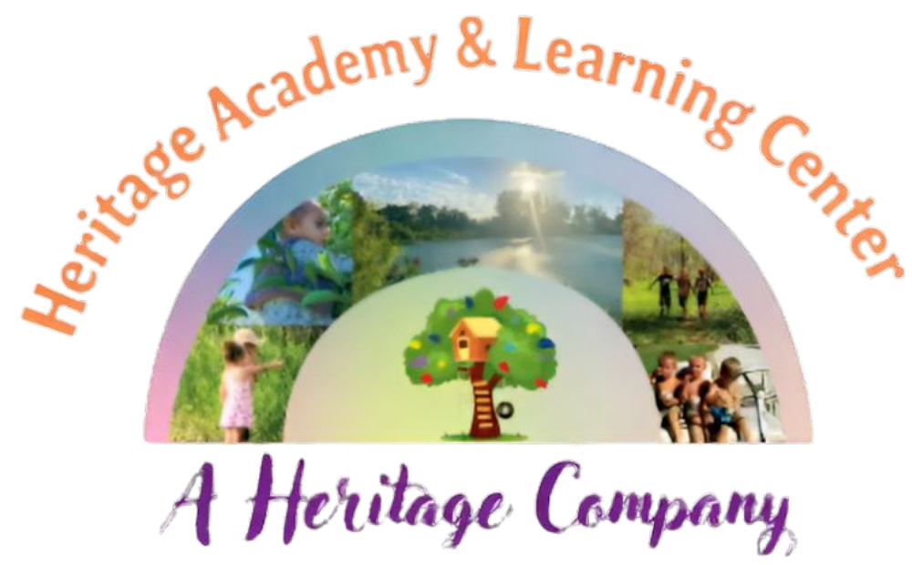 Logo for Heritage Academy & Learning Center, arc with nature scenes: child in water, lake, people walking, tree with house.