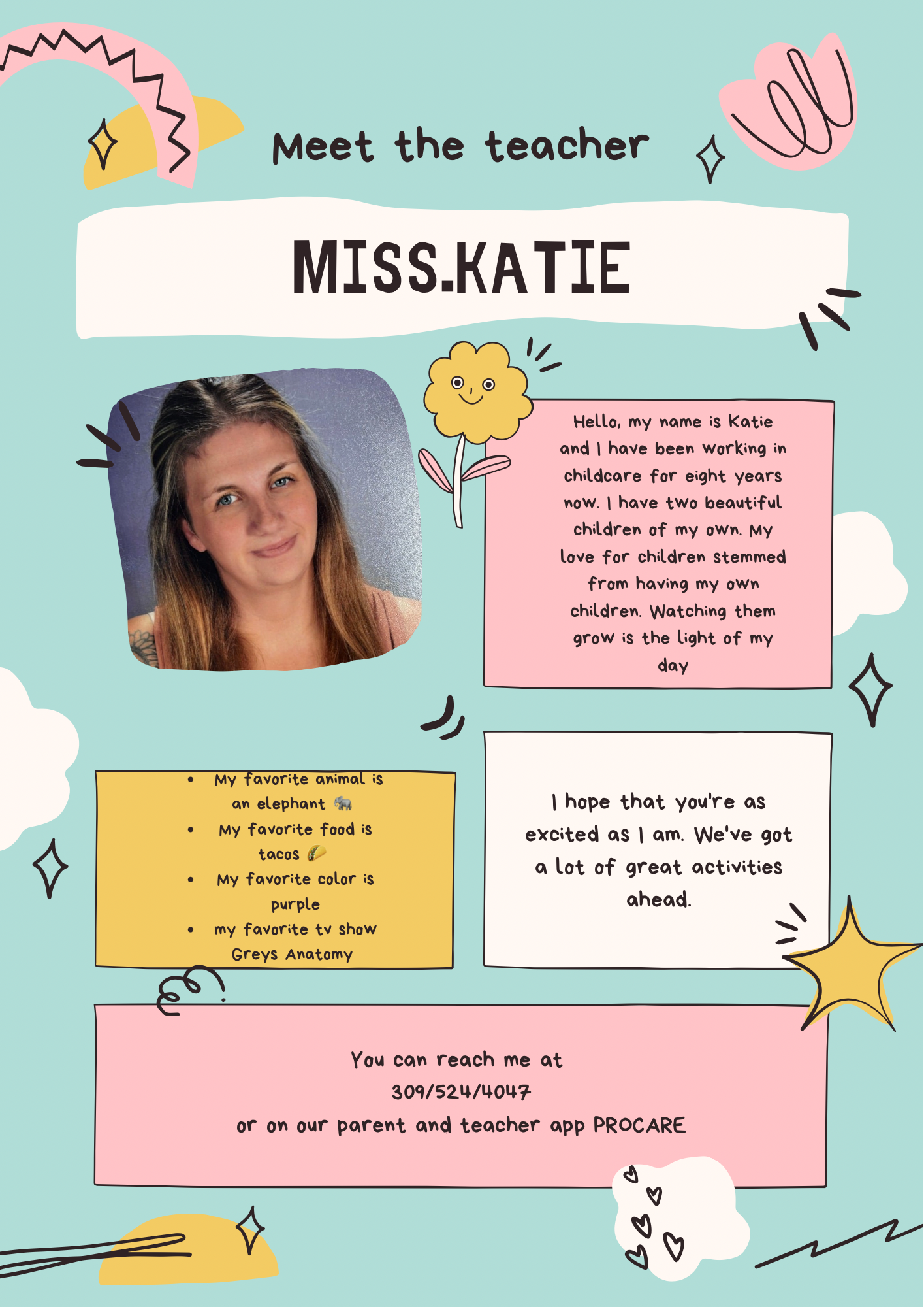 Meet the teacher poster: Miss Katie with photo, text about herself, and contact information, on a blue and pink background.