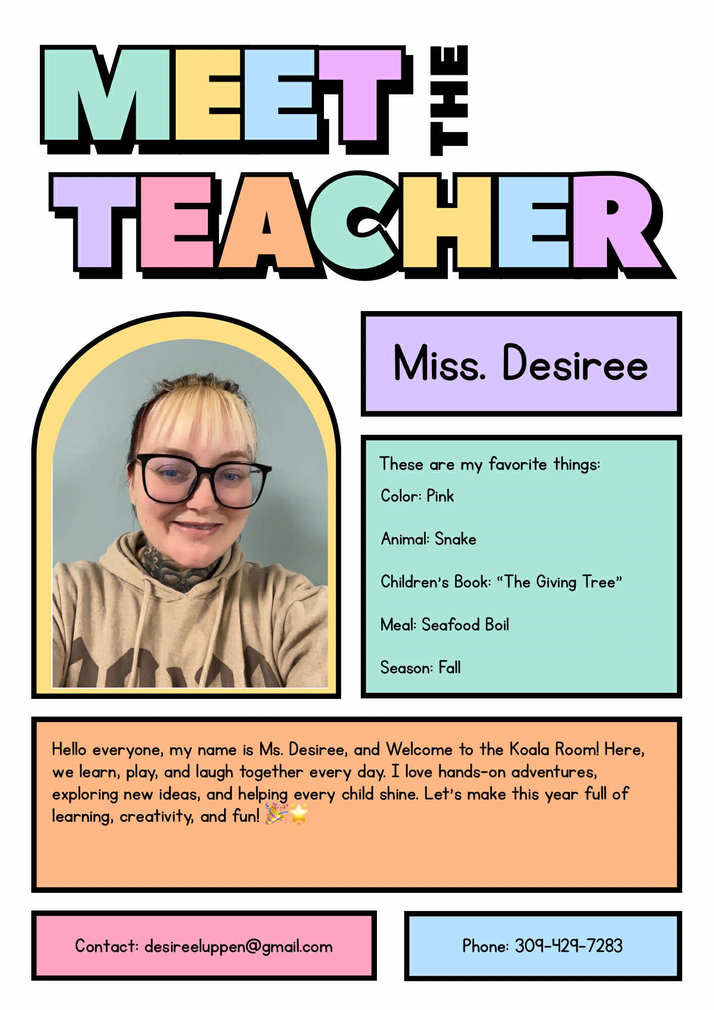 Meet the teacher flyer with a photo of Miss Desiree and her favorite things: pink, avocado, book 