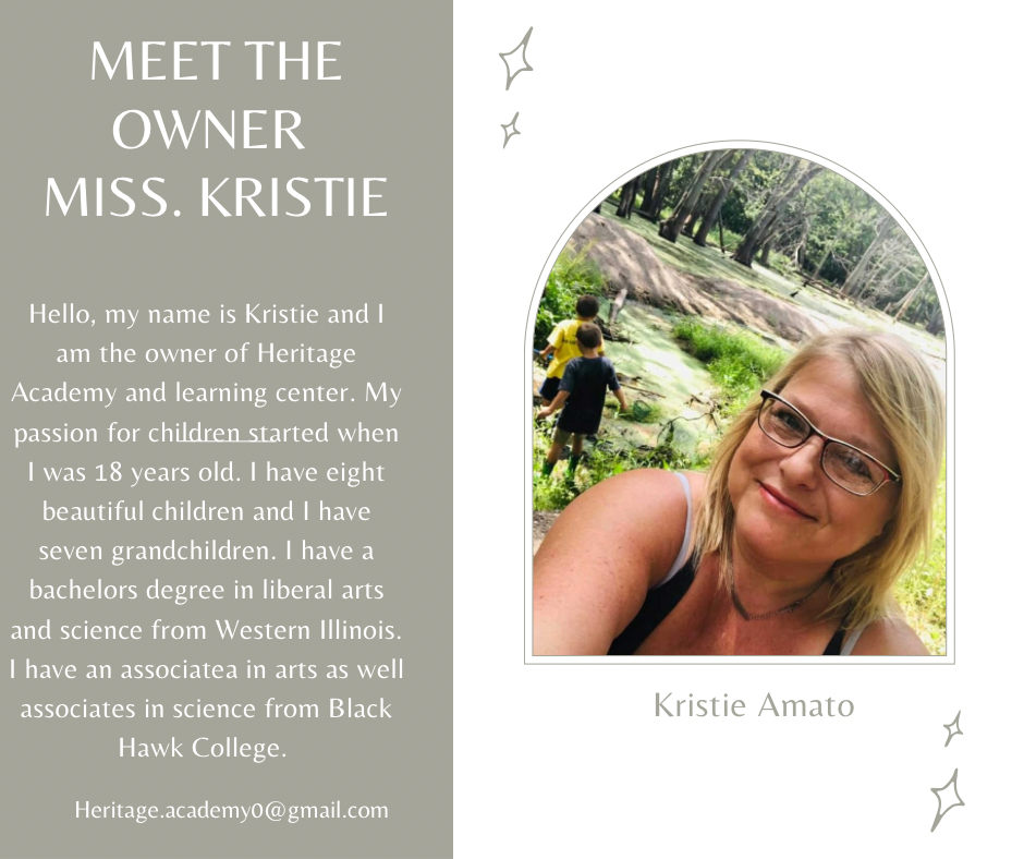 Meet the owner: Kristie Amato smiling in photo, text about her passion for children and education.