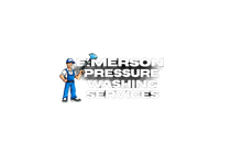 Emerson Pressure Washing Services logo: Cartoon worker in blue overalls holds pressure washer. Text in white with shadow.