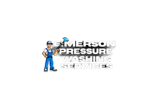 Emerson Pressure Washing Services logo: Cartoon worker in blue overalls holds pressure washer. Text in white with shadow.