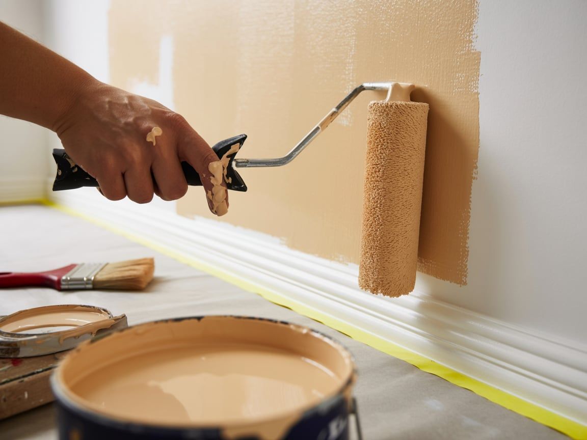 Person painting a white wall with a tan paint roller, paint can in foreground.