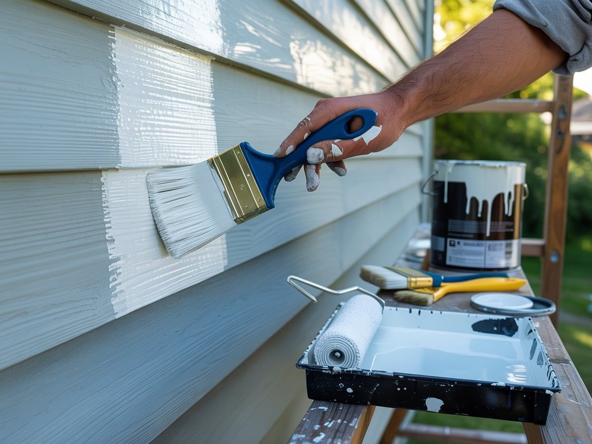 Person painting exterior wall with a brush; paint bucket, tray, and roller nearby.