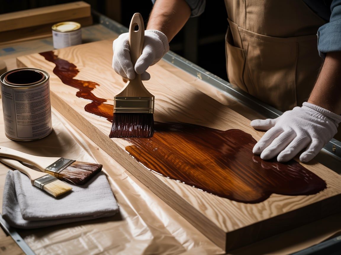 Person applying wood stain to a wooden surface with a brush; gloves worn.