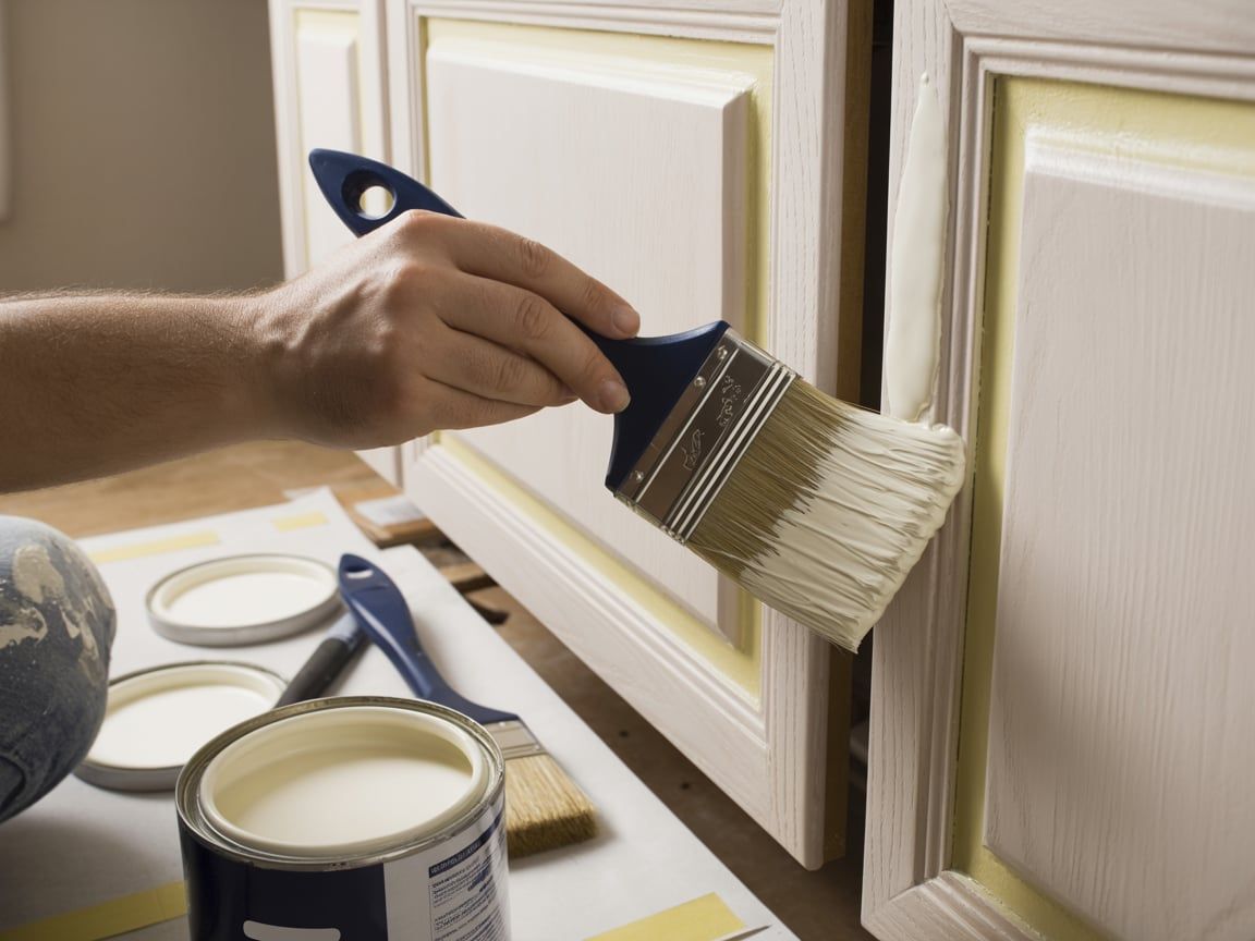Person painting kitchen cabinet white with a brush. Paint cans and other brushes are visible.