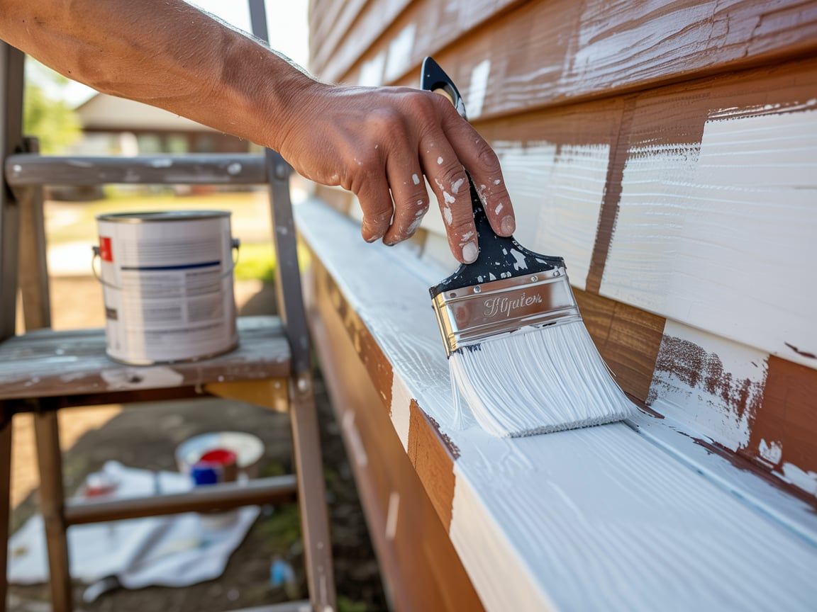 Hand painting white trim on a brown house exterior, paint can and ladder visible.