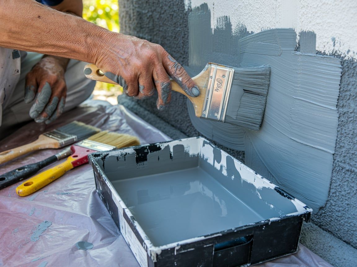 Person painting a wall grey with a brush and tray of paint outside.