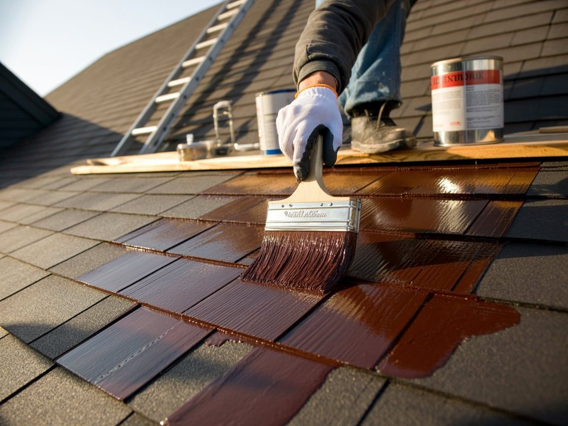 Person applying sealant to asphalt roof shingles with a brush; cans and ladder nearby.
