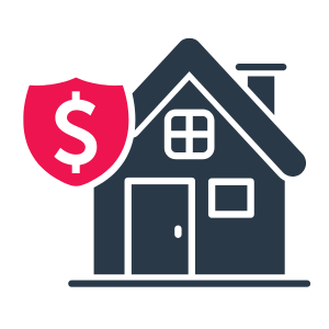 House icon with red shield, dollar sign, symbolizing home insurance.