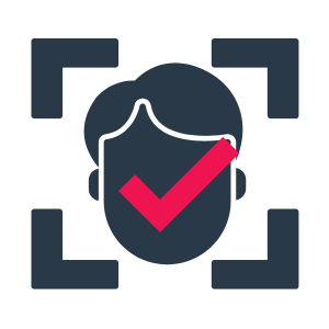 Face with red checkmark inside a focus box, indicating successful facial recognition.