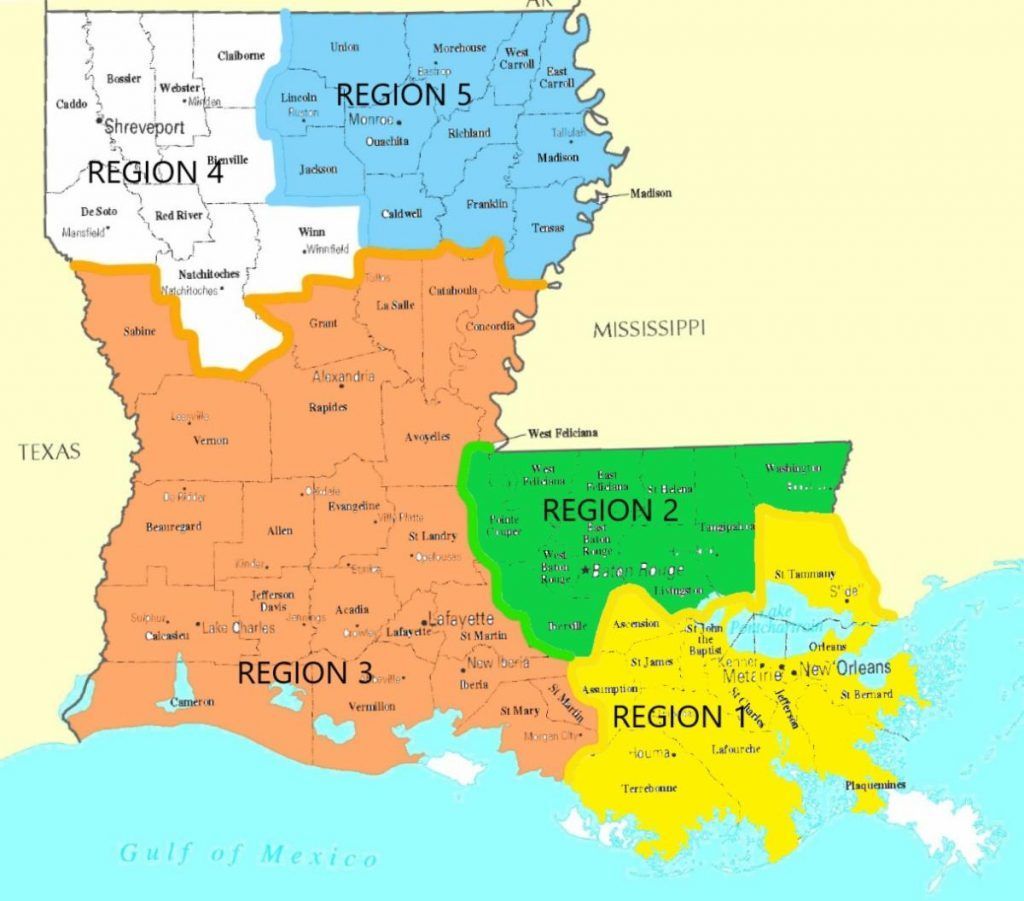 Map of Louisiana, divided into seven regions labeled with numbers and colored.