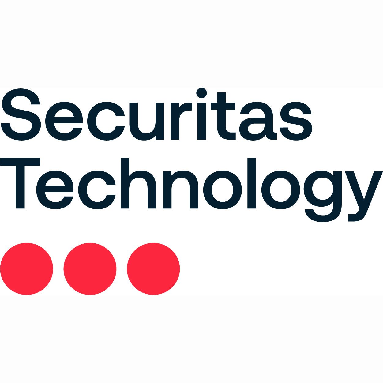 Securitas Technology logo. White background with dark blue text and three red circles.